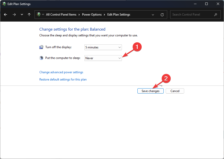 Параметр спящего режима: Никогда