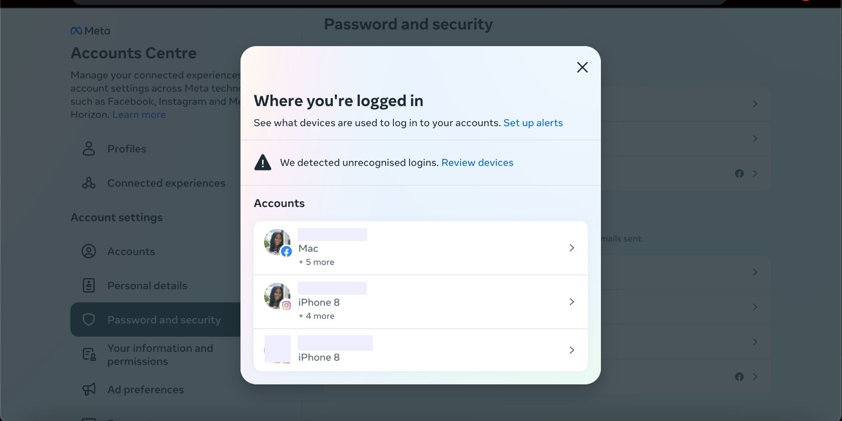 страница Facebook с перечнем устройств, где вы вошли на десктопе
