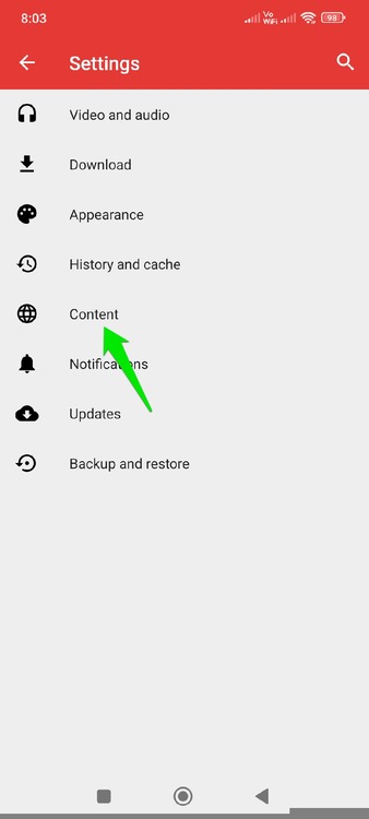 Раздел «Контент» в настройках NewPipe