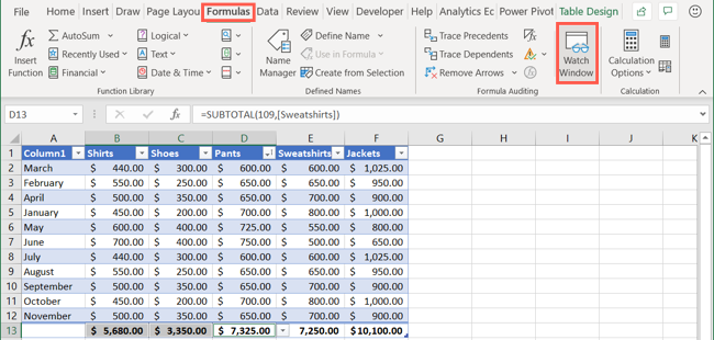 Перейдите на вкладку Формулы и нажмите Watch Window
