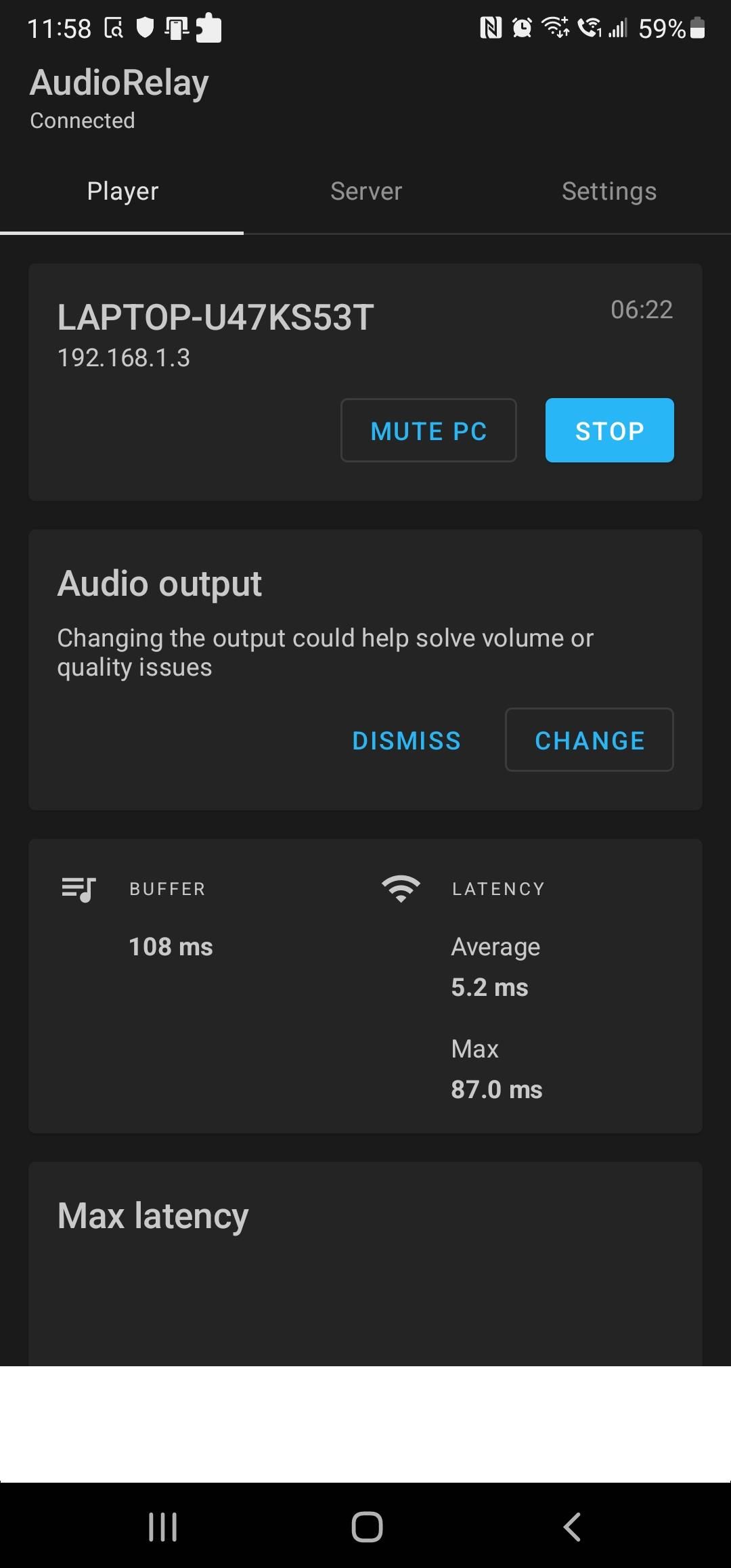Остановка трансляции в приложении AudioRelay на Android