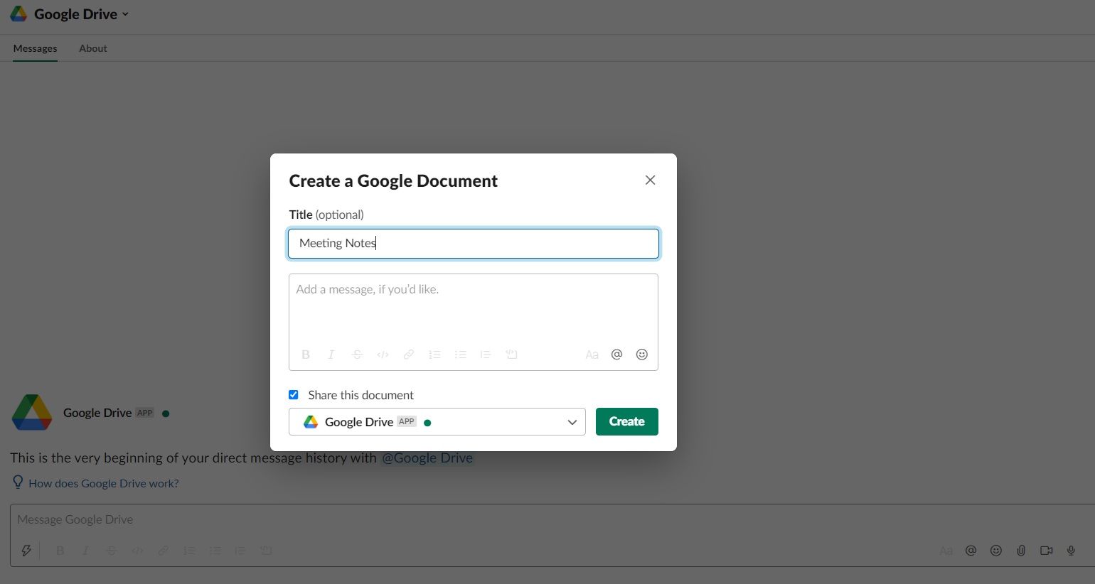 Создание Google Doc прямо из Slack: окно создания документа и результат в чате