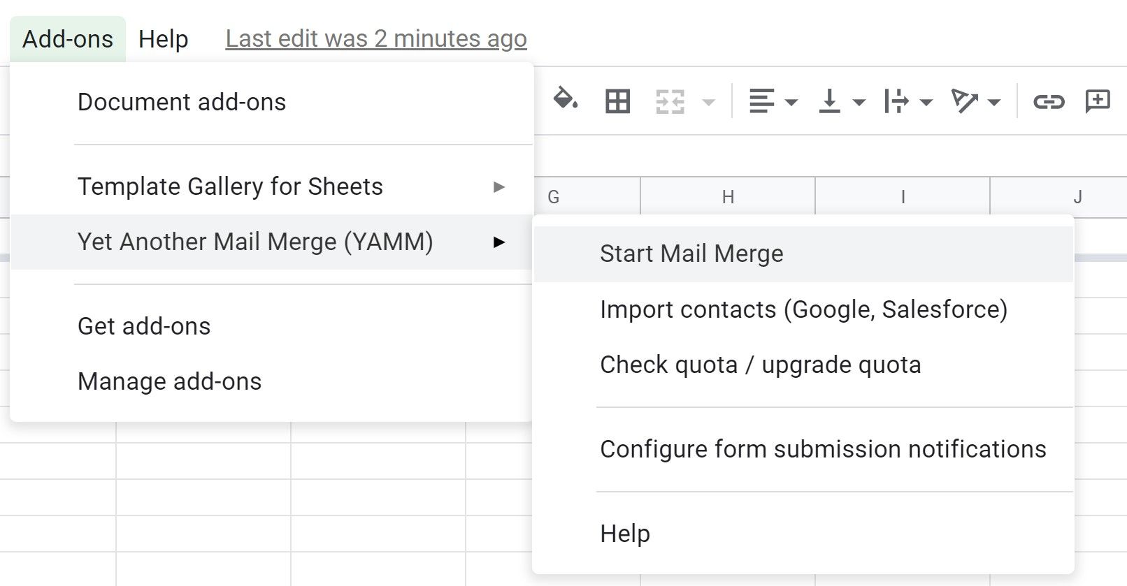 Расширение YAMM в меню Google Sheets
