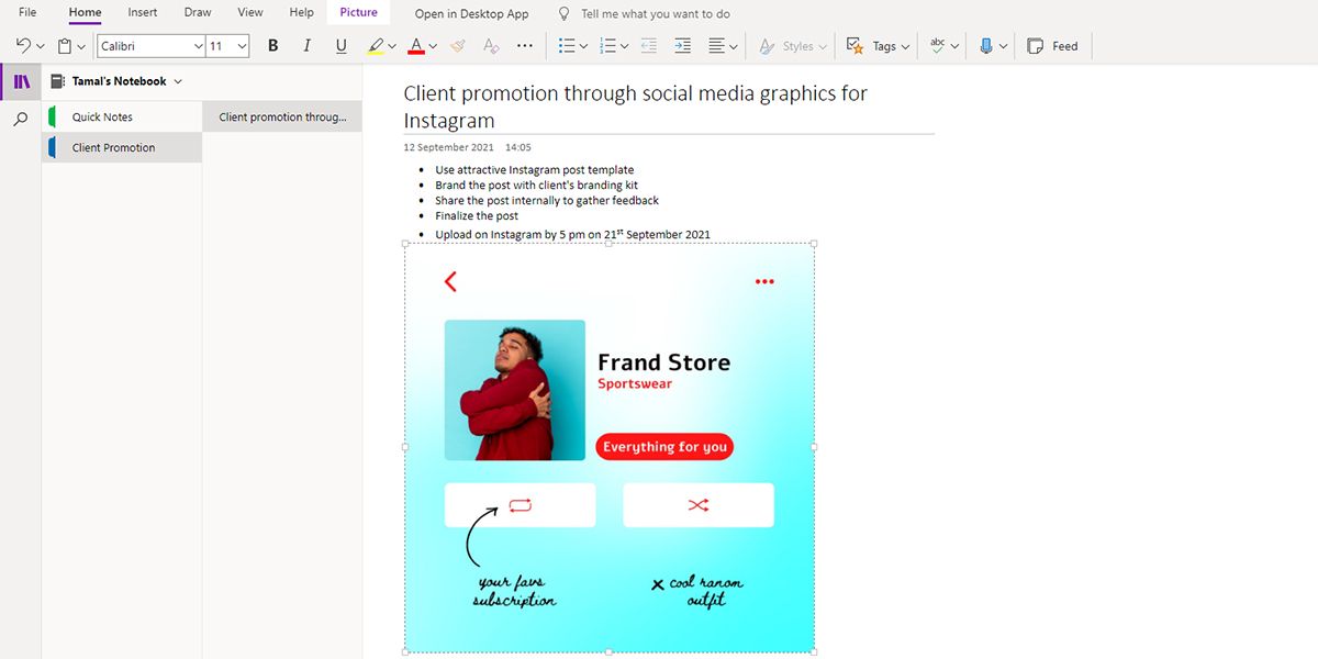 Скриншот заметки в OneNote с пометками