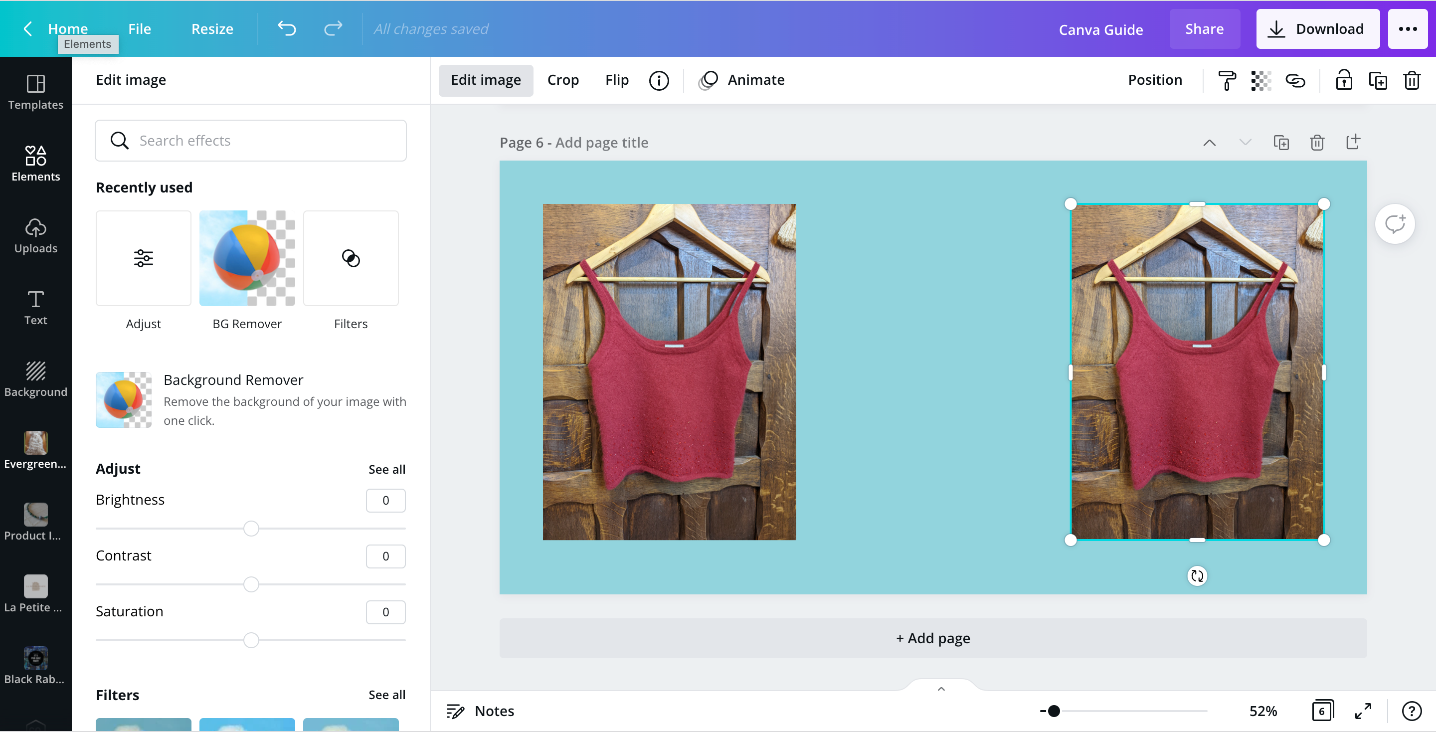 Панель редактирования Canva: кнопка «Редактировать изображение» и инструмент удаления фона