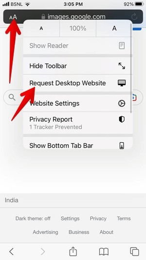 Переключение на десктопный сайт в Safari