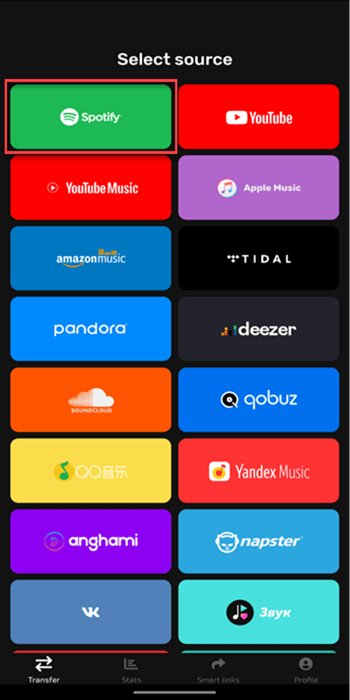 Выбор Spotify как источника в приложении FreeYourMusic
