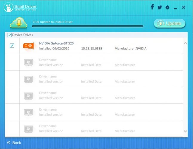 Окно выбора и обновления драйверов в Snail Driver