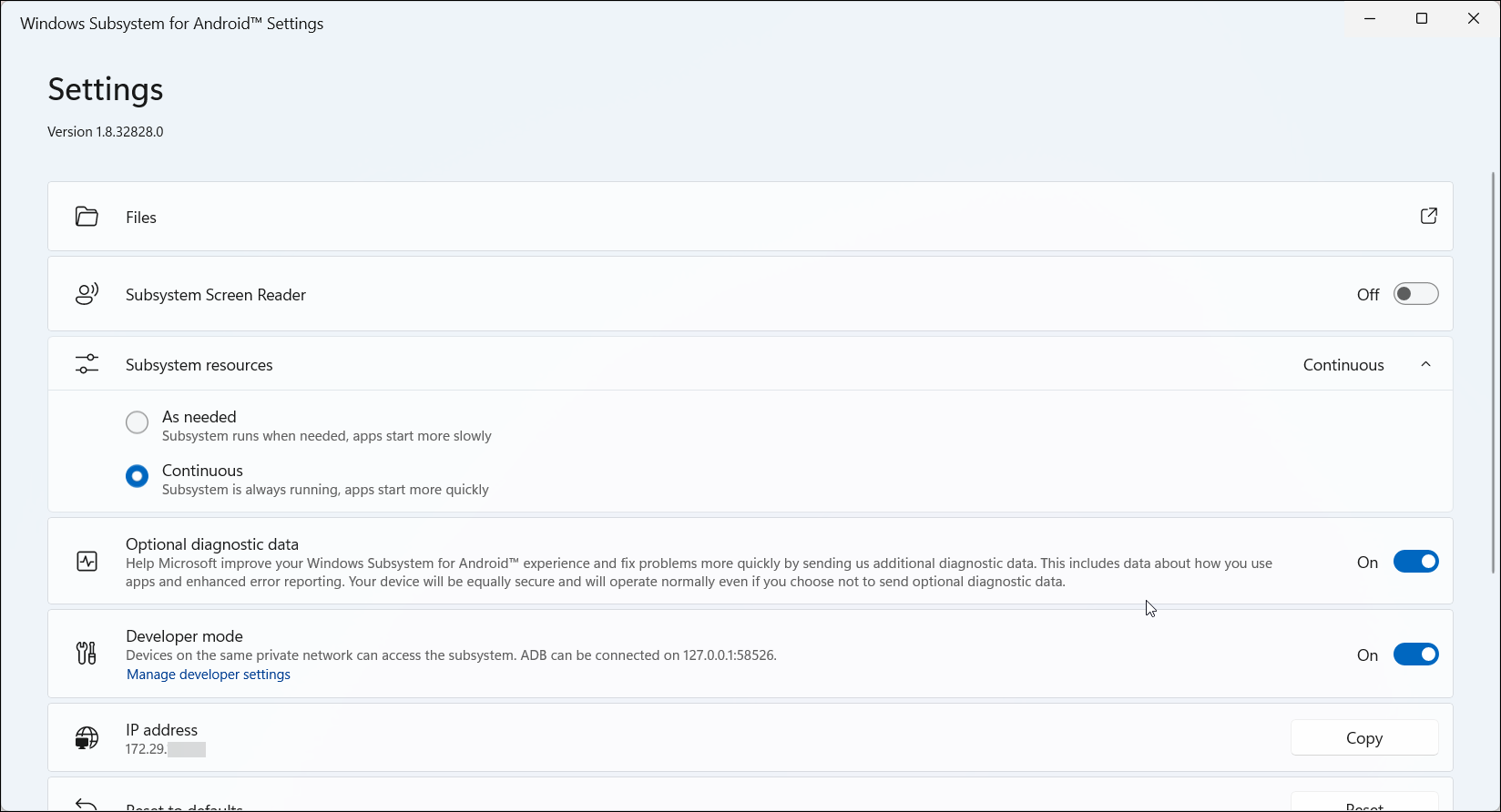 Настройки Windows Subsystem for Android