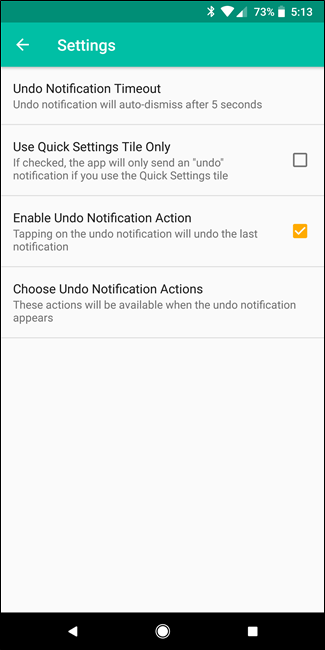 Экран настроек Unnotification со списком опций