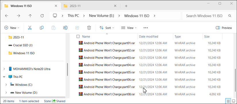 Разделённые файлы WinRAR в Проводнике Windows