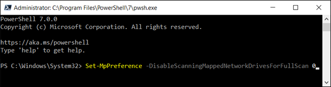 Ввод команды в PowerShell для включения сканирования отображённых сетевых дисков