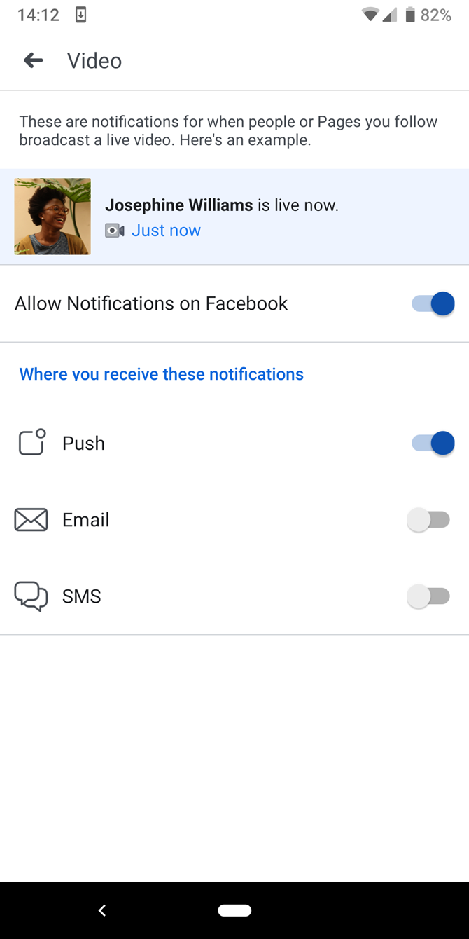 Скриншот раздела Видео в настройках уведомлений приложения Facebook на Android