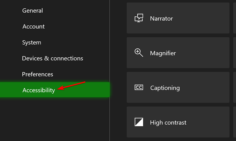 Меню настроек Xbox, выделен пункт Специальные возможности