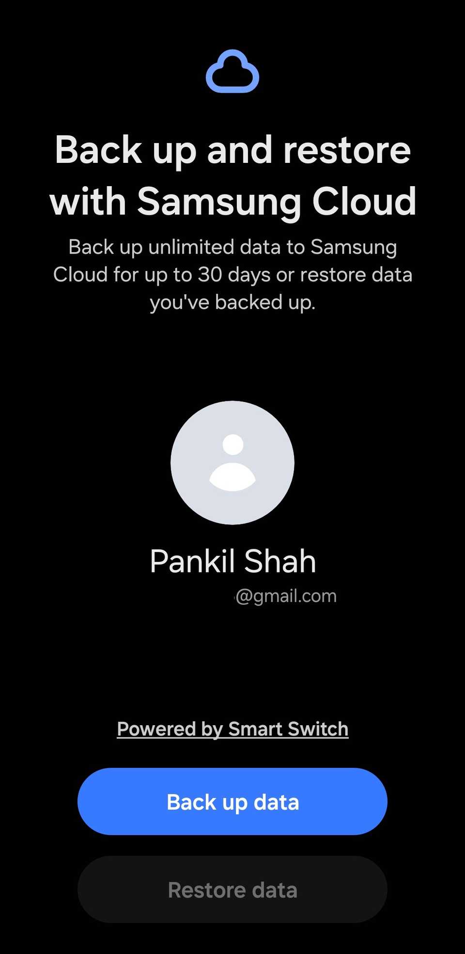 Экран «Резервное копирование и восстановление» в Samsung Cloud.
