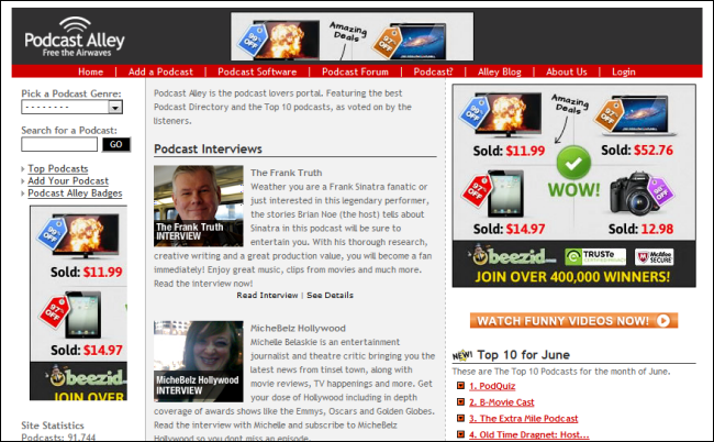 Скриншот Podcast Alley с разделом рейтингов и каталогом