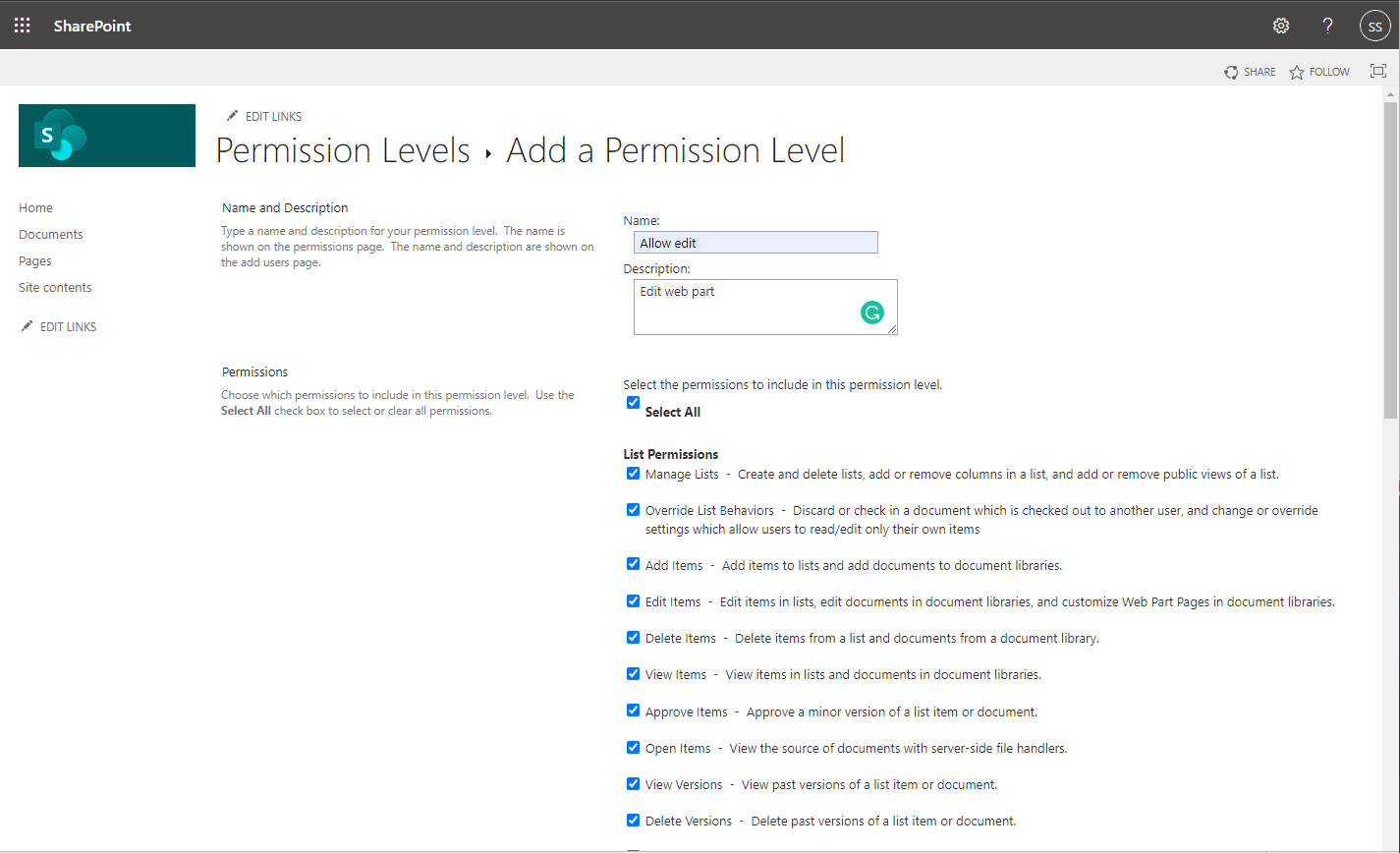 Добавить уровень разрешений