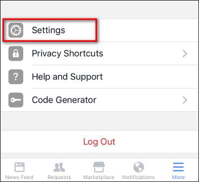 Пункт меню «Настройки аккаунта» в мобильном приложении Facebook