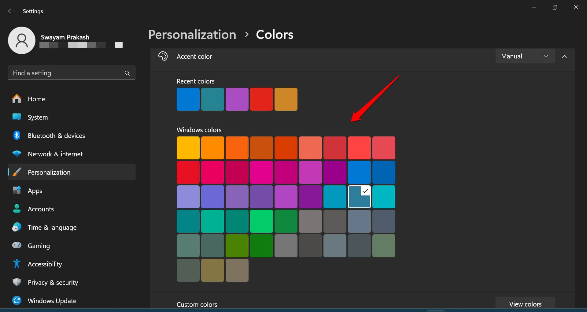 Выбор акцентного цвета в Windows 11