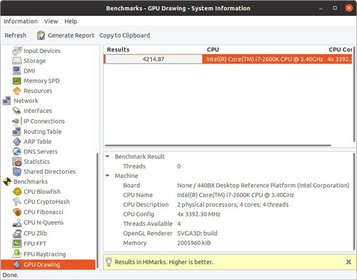 Скриншот: раздел бенчмарков HardInfo