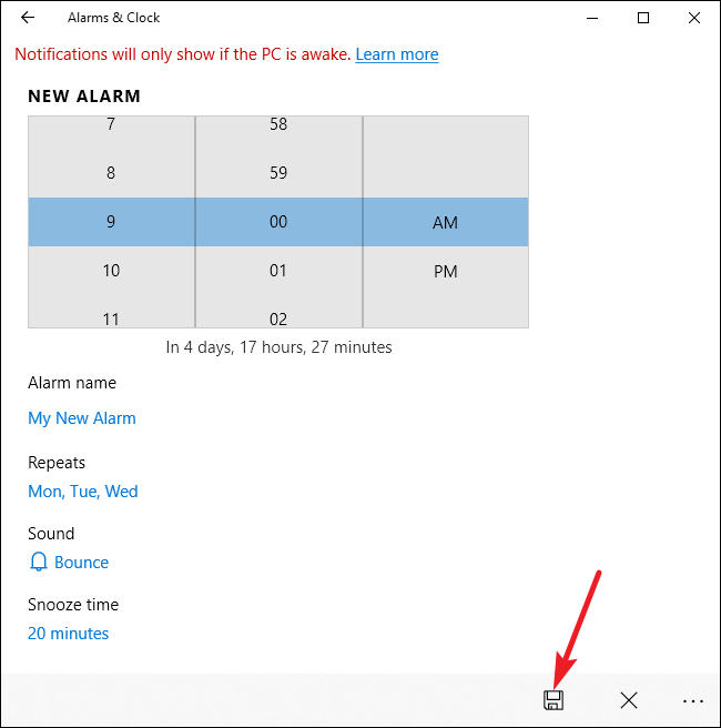 Экран настройки будильника: время, повтор, звук, метка и длительность повтора