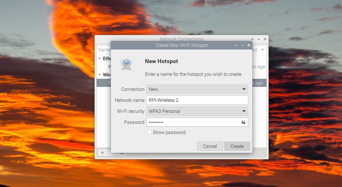 enter wireless hotspot name choose security and password in raspberry-pi