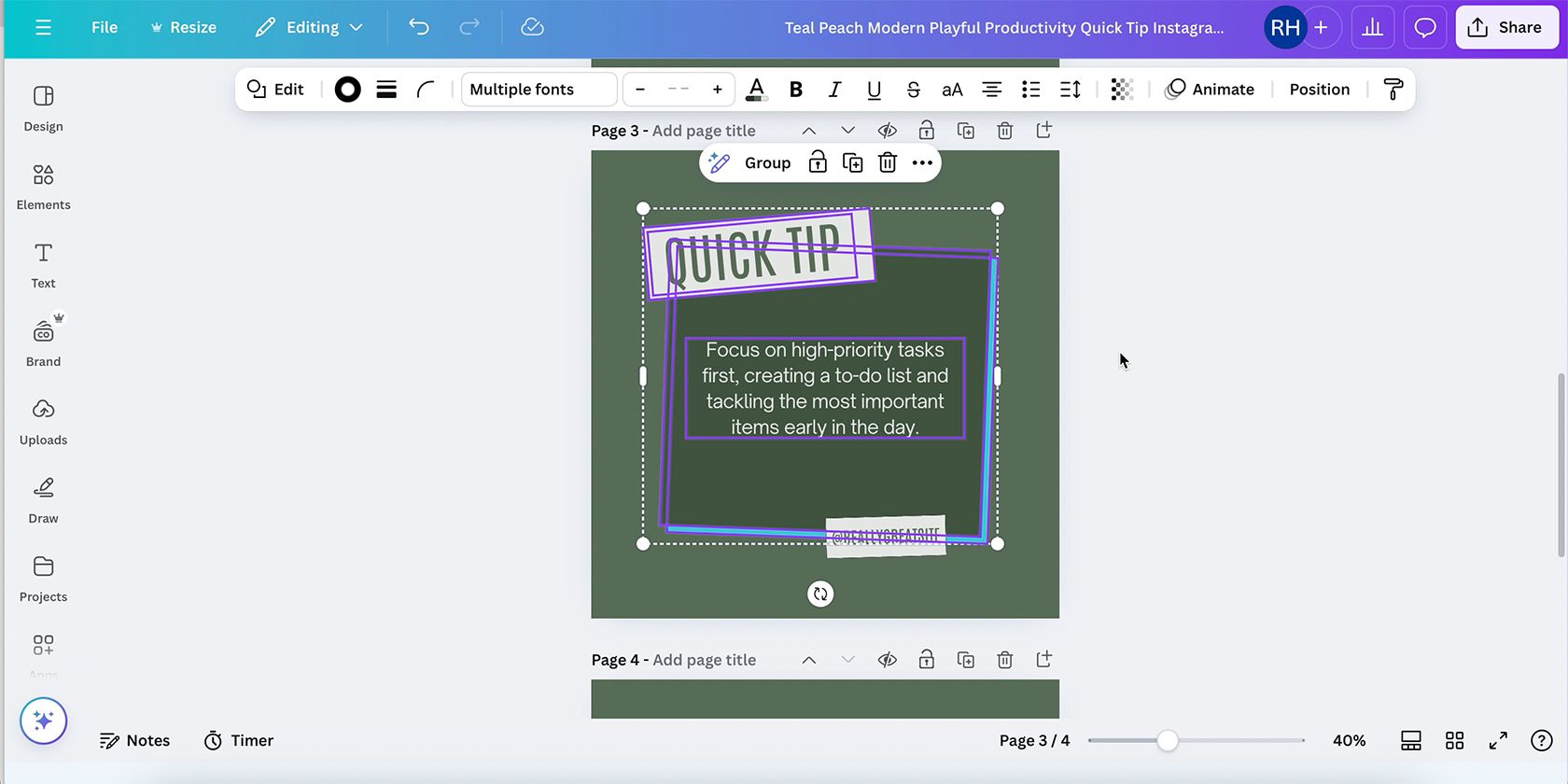Кнопка Group на плавающей панели Canva