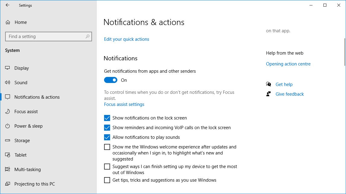Уведомления и действия Windows 10 — экран настроек