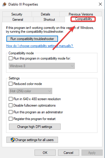 Скриншот: вкладка совместимости в свойствах файла