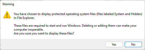 Предупреждение при показе защищённых системных файлов