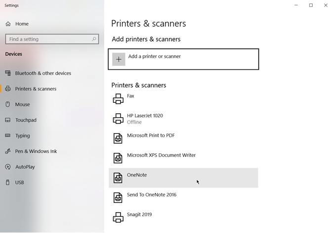 Choose OneNote as the default printer in Windows 10