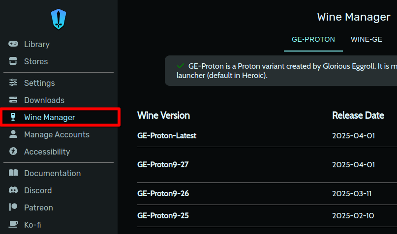Heroic Games Launcher с выделенной опцией меню Wine Manager.