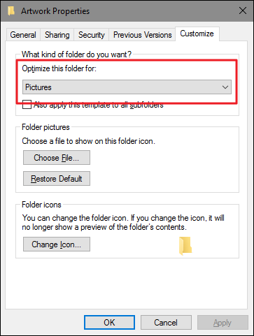 Окно Свойства папки: вкладка «Настройка» и выбор шаблона