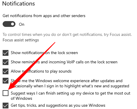 Снимите флажок, отключающий подсказки по завершению настройки устройства