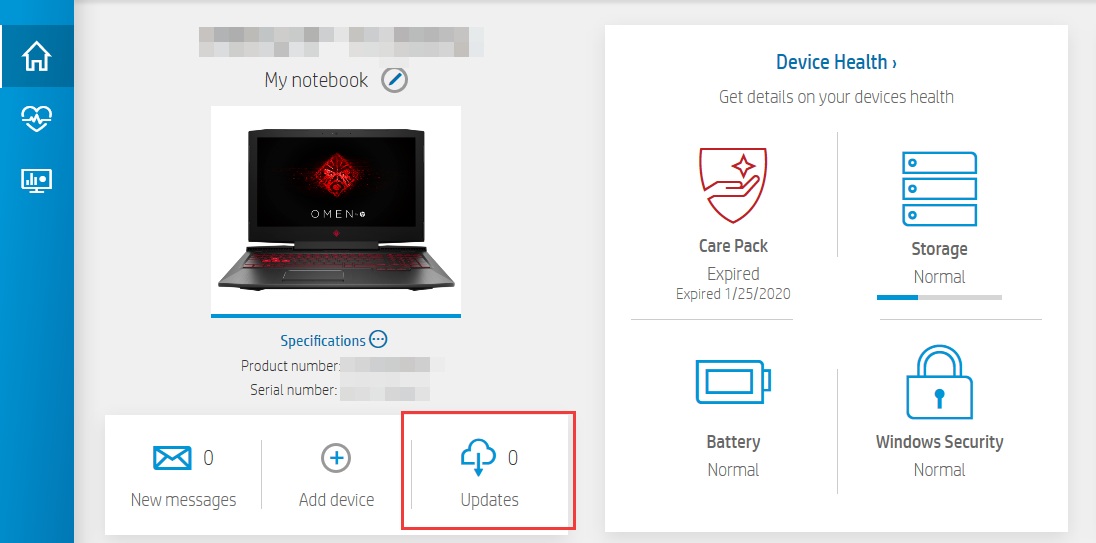 Интерфейс HP Support Assistant с меню обновлений