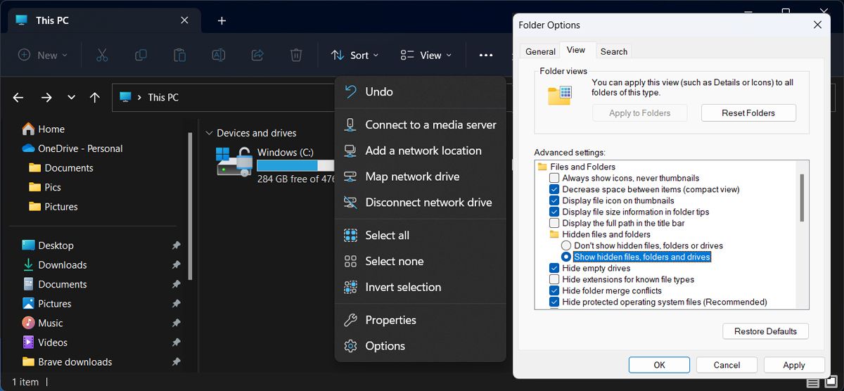 Показать скрытые файлы в Проводнике Windows