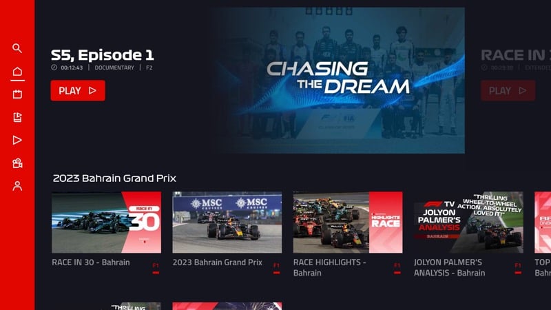 Интерфейс приложения F1 TV на Android TV