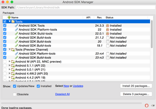 Выбор пакетов платформы Android