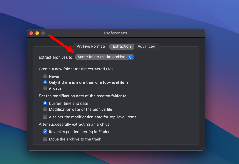 Настройки The Unarchiver