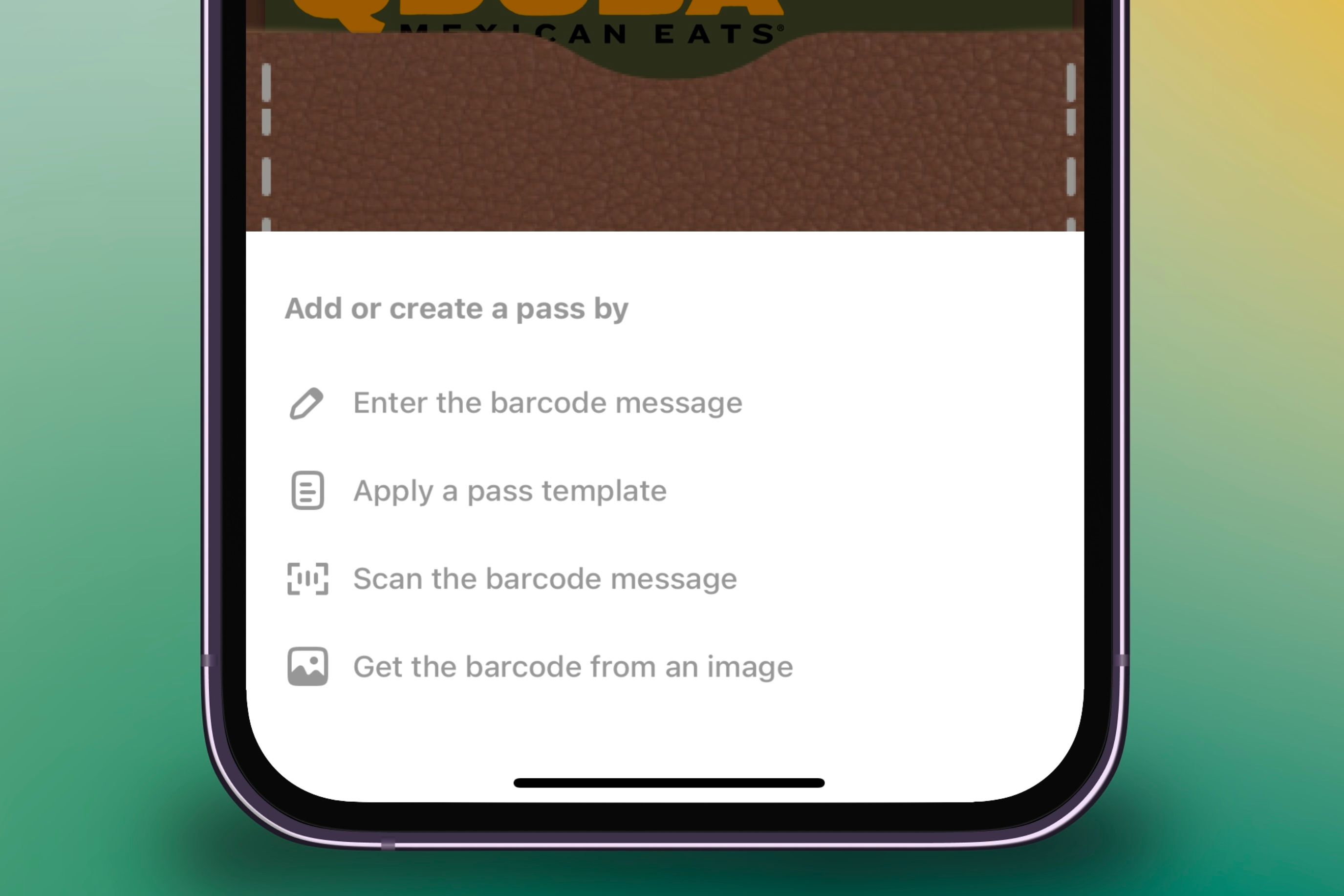 Меню вариантов импорта штрих‑кода в Pass2U на iPhone.