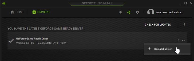 Опция переустановки драйвера в приложении Nvidia GeForce Experience