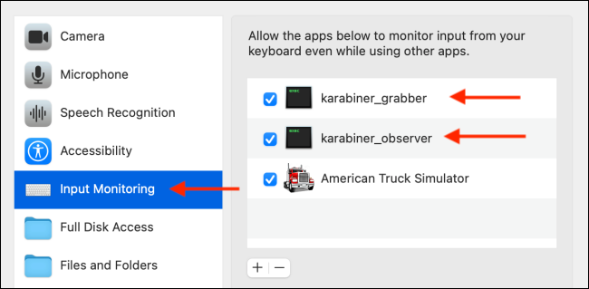 Включение прав karabiner_grabber и karabiner_observer в Мониторинге ввода