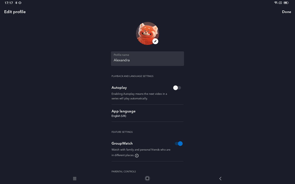 Параметры на экране редактирования профиля в приложении Disney Plus