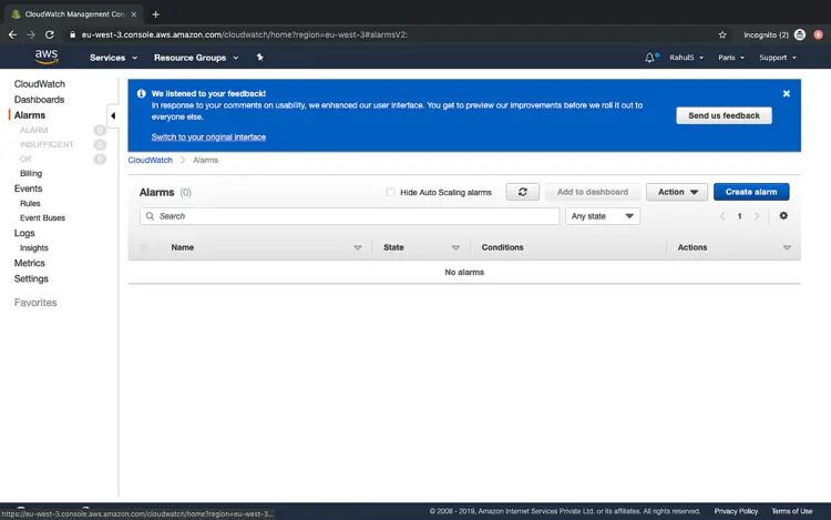 Кнопка Create alarm в CloudWatch
