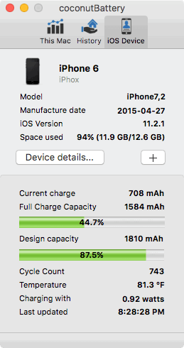 Приложение coconutBattery на Mac с подключённым iPhone и показаниями ёмкости
