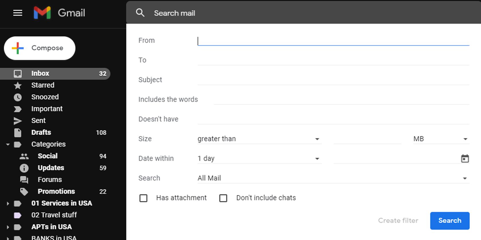 Выпадающее меню параметров поиска Gmail