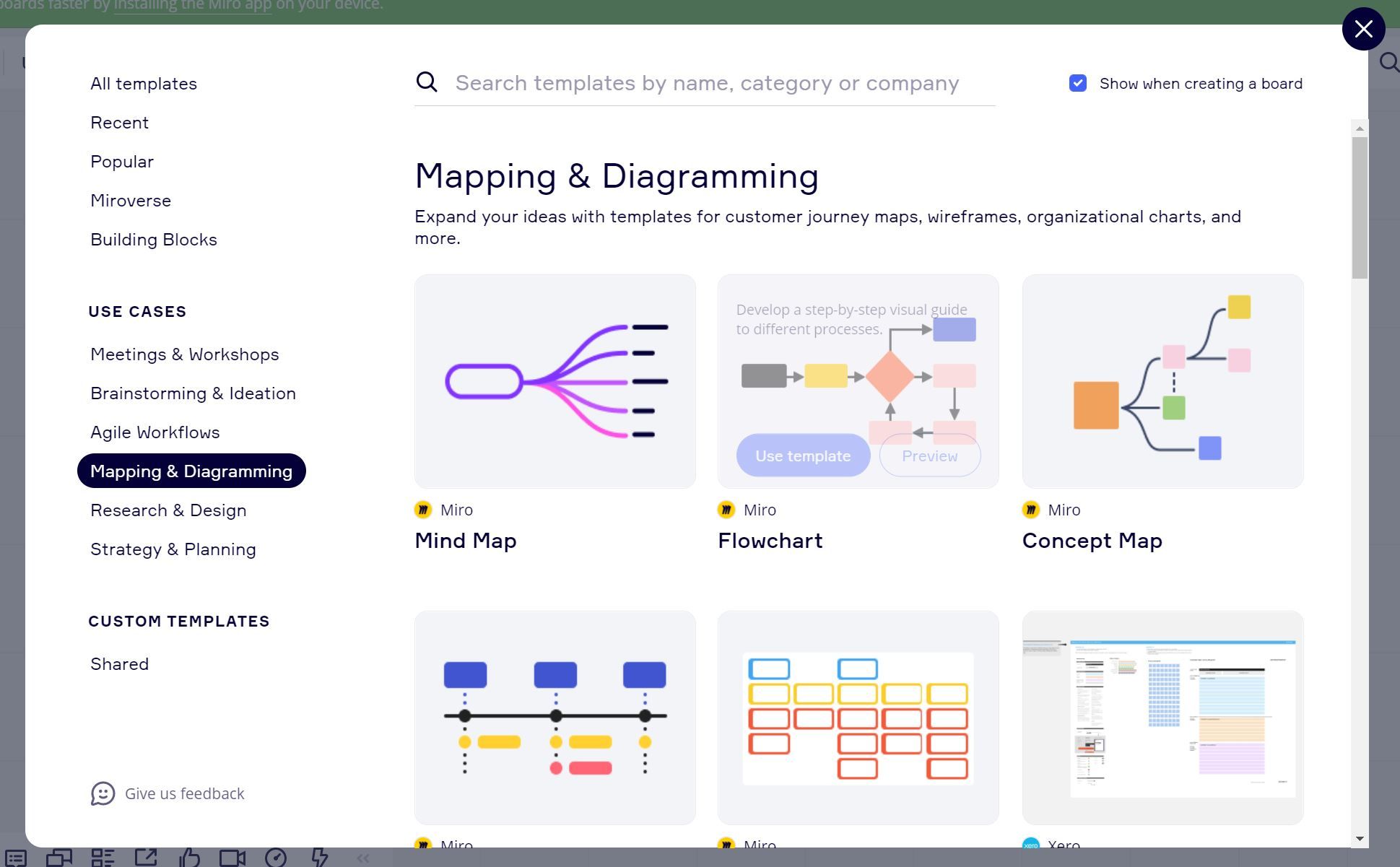 Галерея шаблонов Miro для разных сценариев