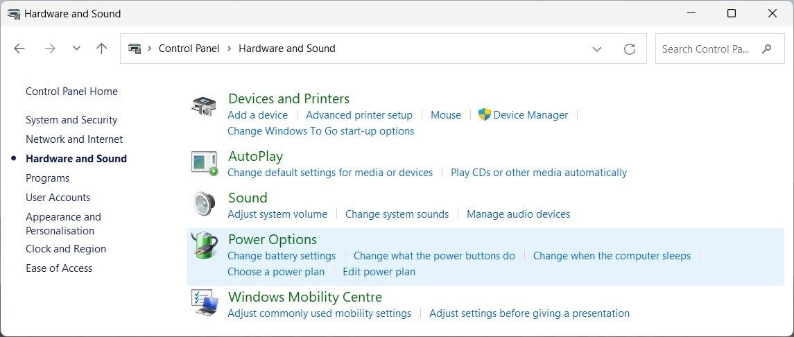 Параметры электропитания в Панели управления