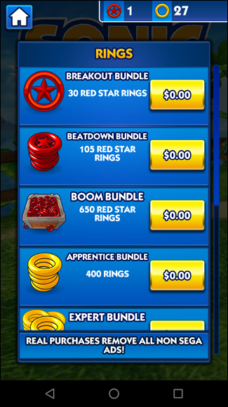 Пример: Sonic Dash с бесплатными покупками