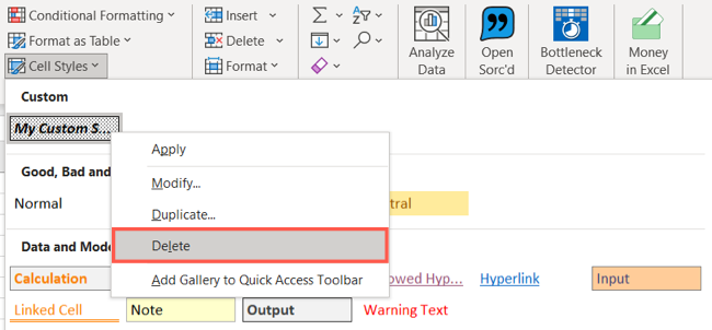Контекстное меню со значением Удалить для пользовательского стиля